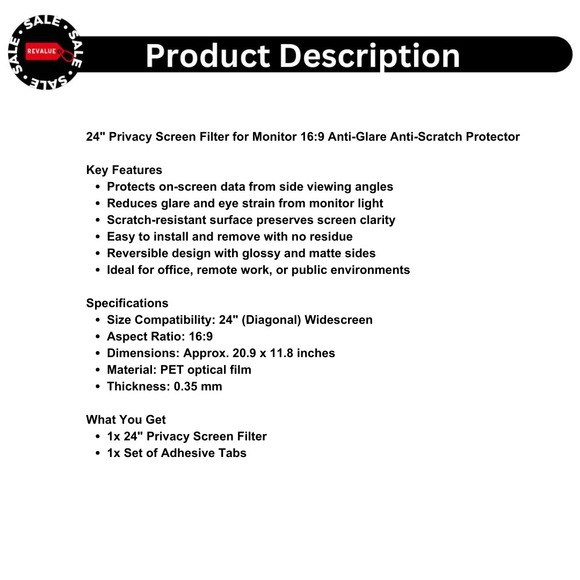 24" Privacy Screen Filter for Monitor 16:9 Anti-Glare Anti-Scratch Protector - Picture 2 of 10